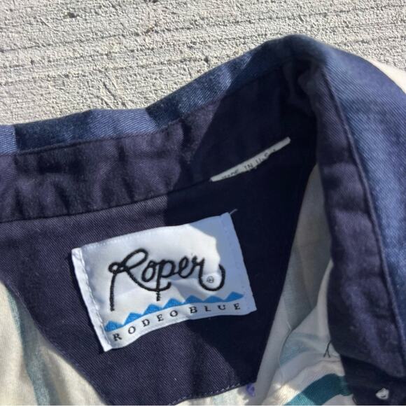 Vintage 80s 90s Roper Blue Stripe Yoke Cape Cowgirl Western Shirt Brushpopper LG - Picture 3 of 4